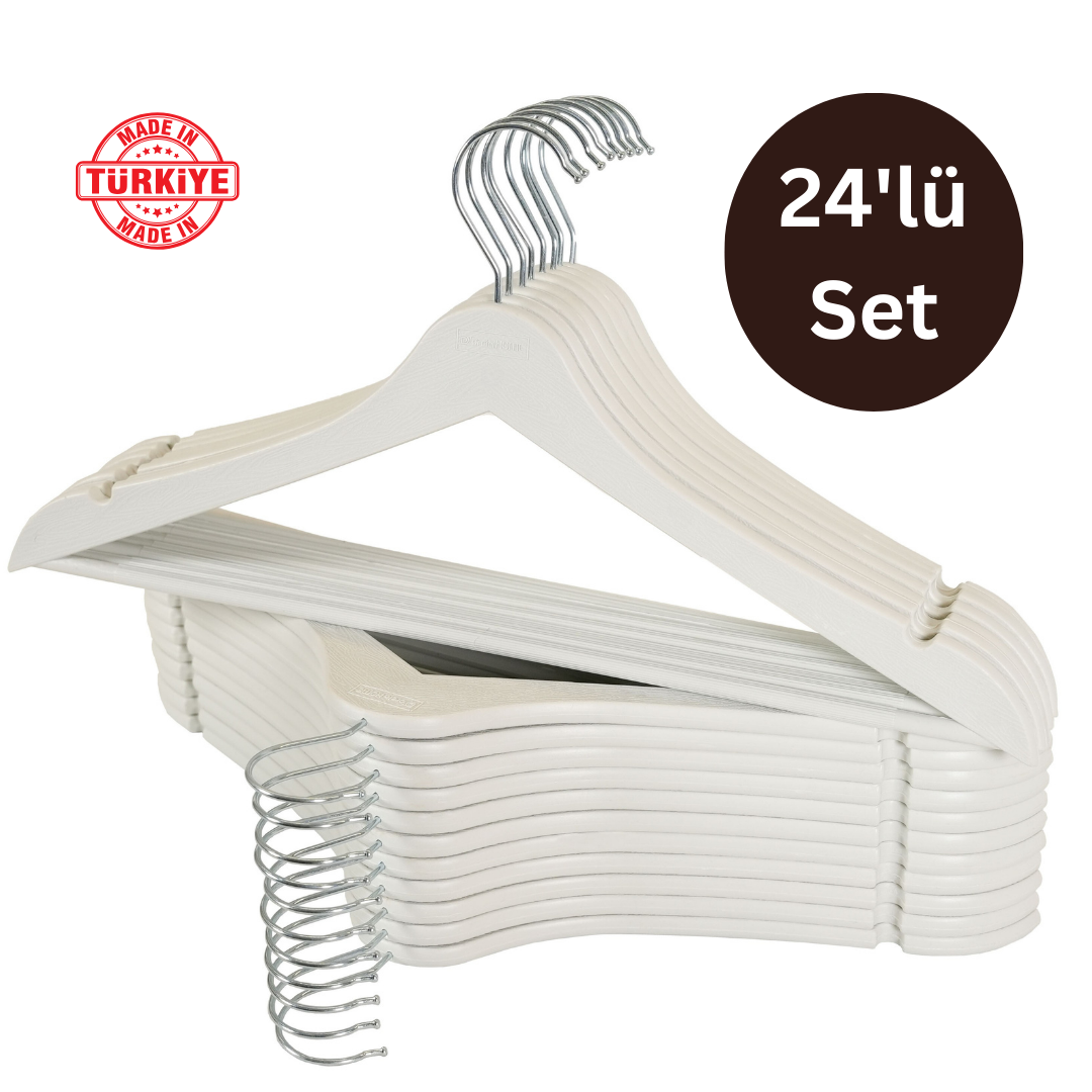 24 Adet Beyaz Ahşap Görünümlü Plastik A Kalite Askı